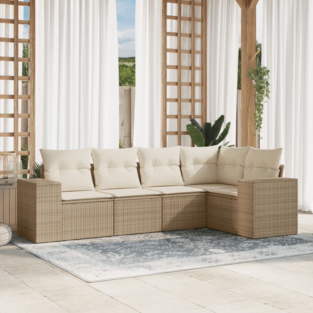 Set Divano da Giardino 5 pz con Cuscini Beige in Polyrattan - homemem39