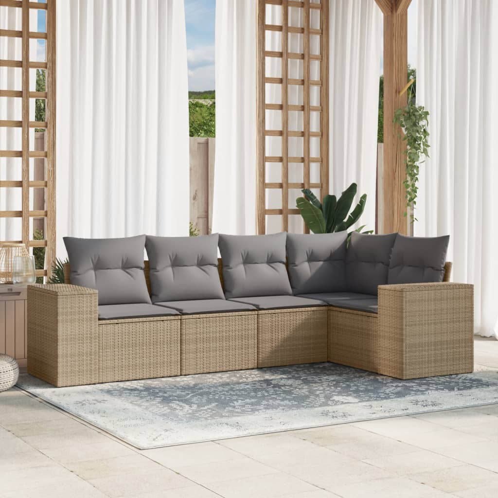 Set Divano da Giardino 5 pz con Cuscini Beige in Polyrattan - homemem39