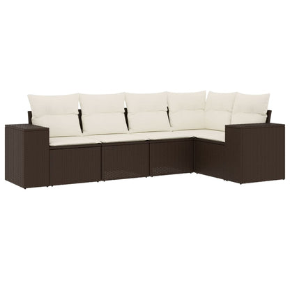 Set Divano da Giardino 5 pz con Cuscini Marrone in Polyrattan