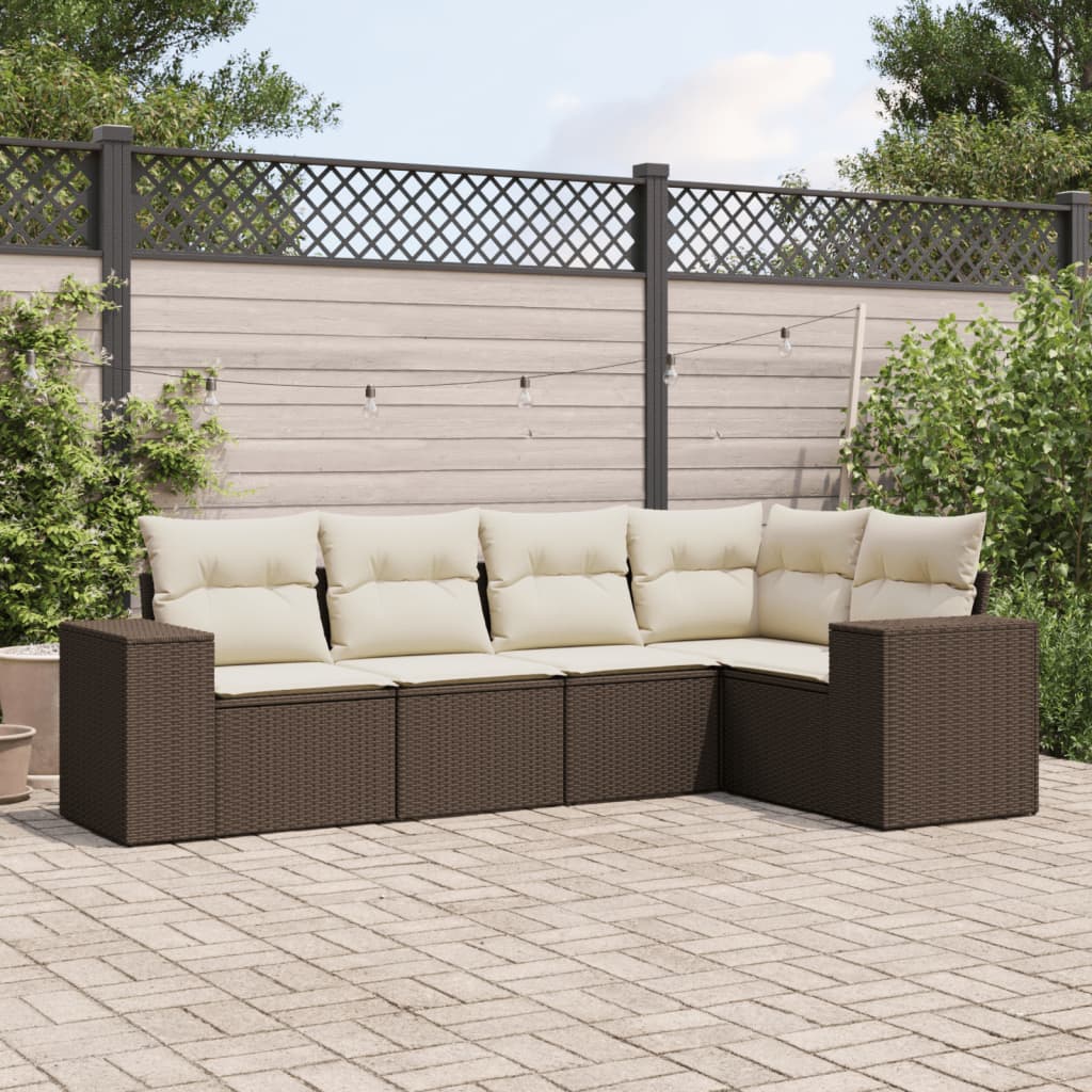 Set Divano da Giardino 5 pz con Cuscini Marrone in Polyrattan - homemem39