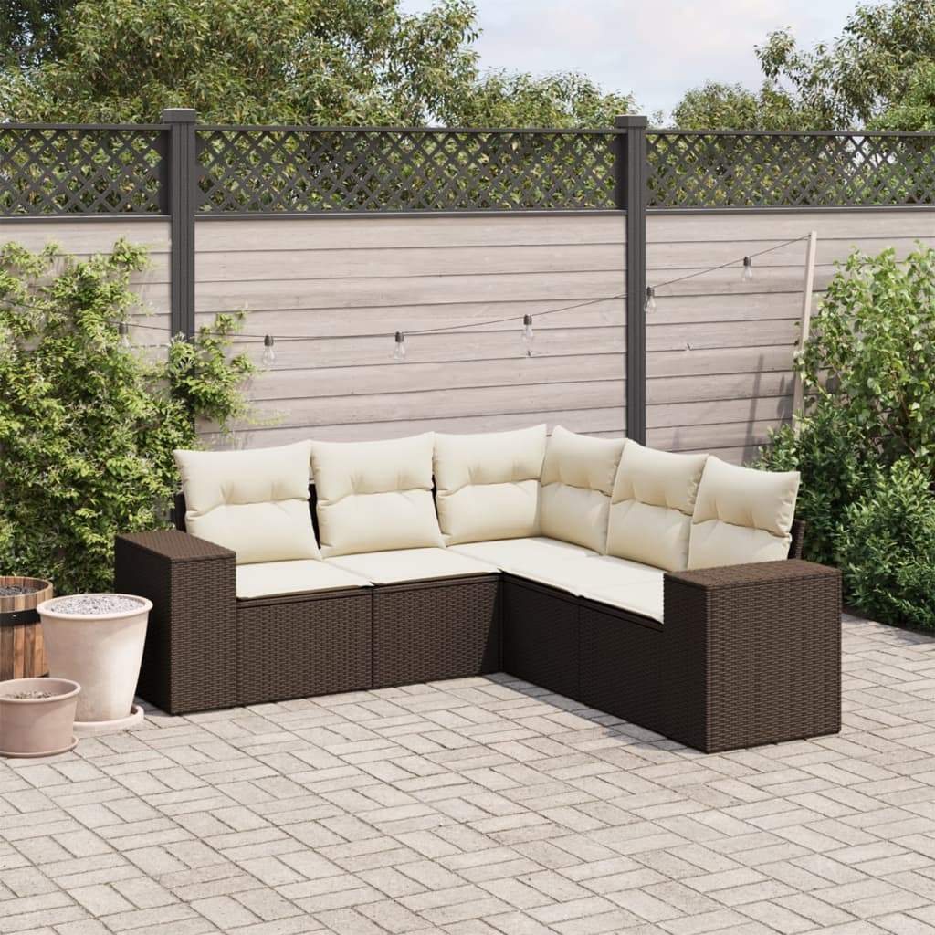 Set Divano da Giardino 5 pz con Cuscini Marrone in Polyrattan - homemem39