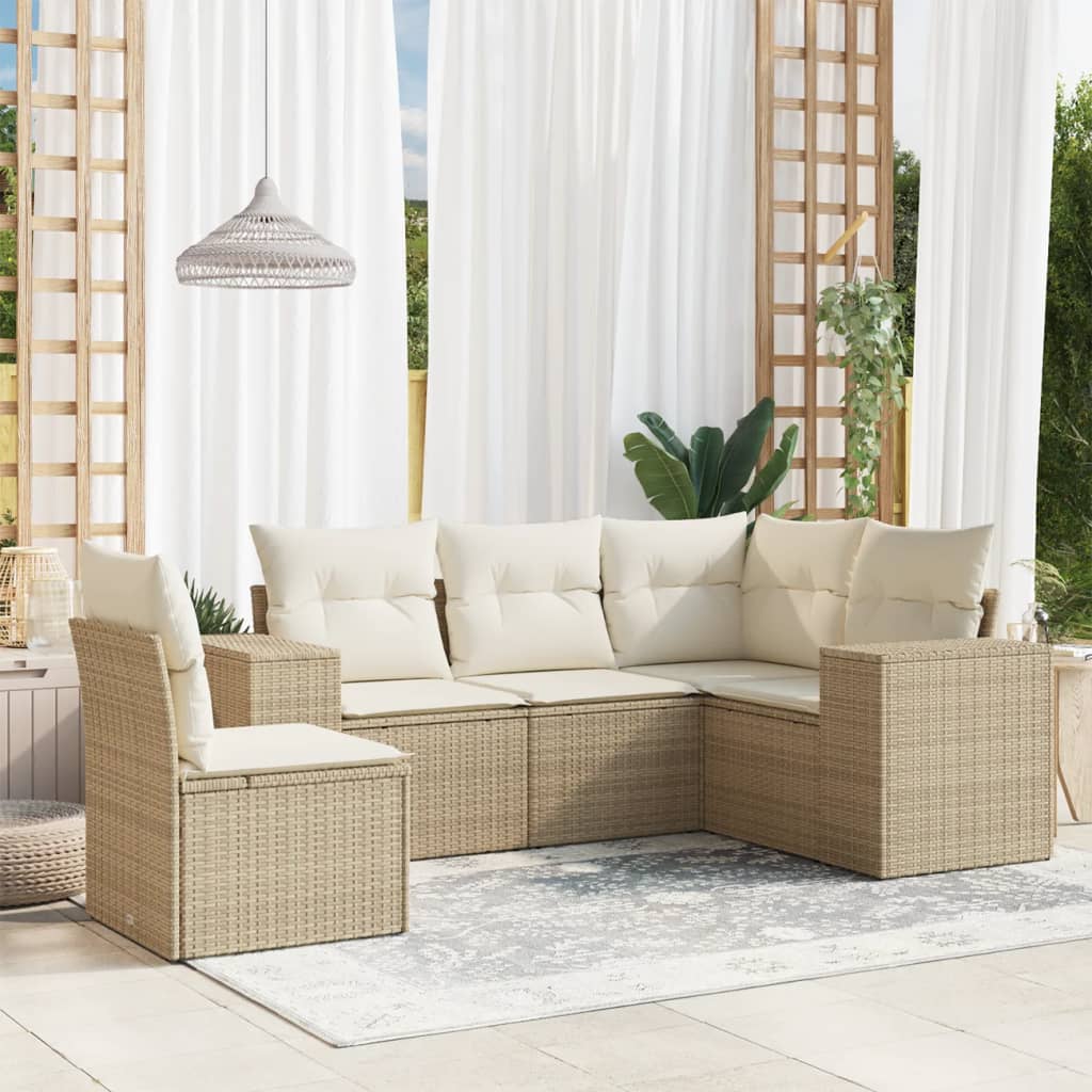 Set Divano da Giardino 5 pz con Cuscini Beige in Polyrattan - homemem39