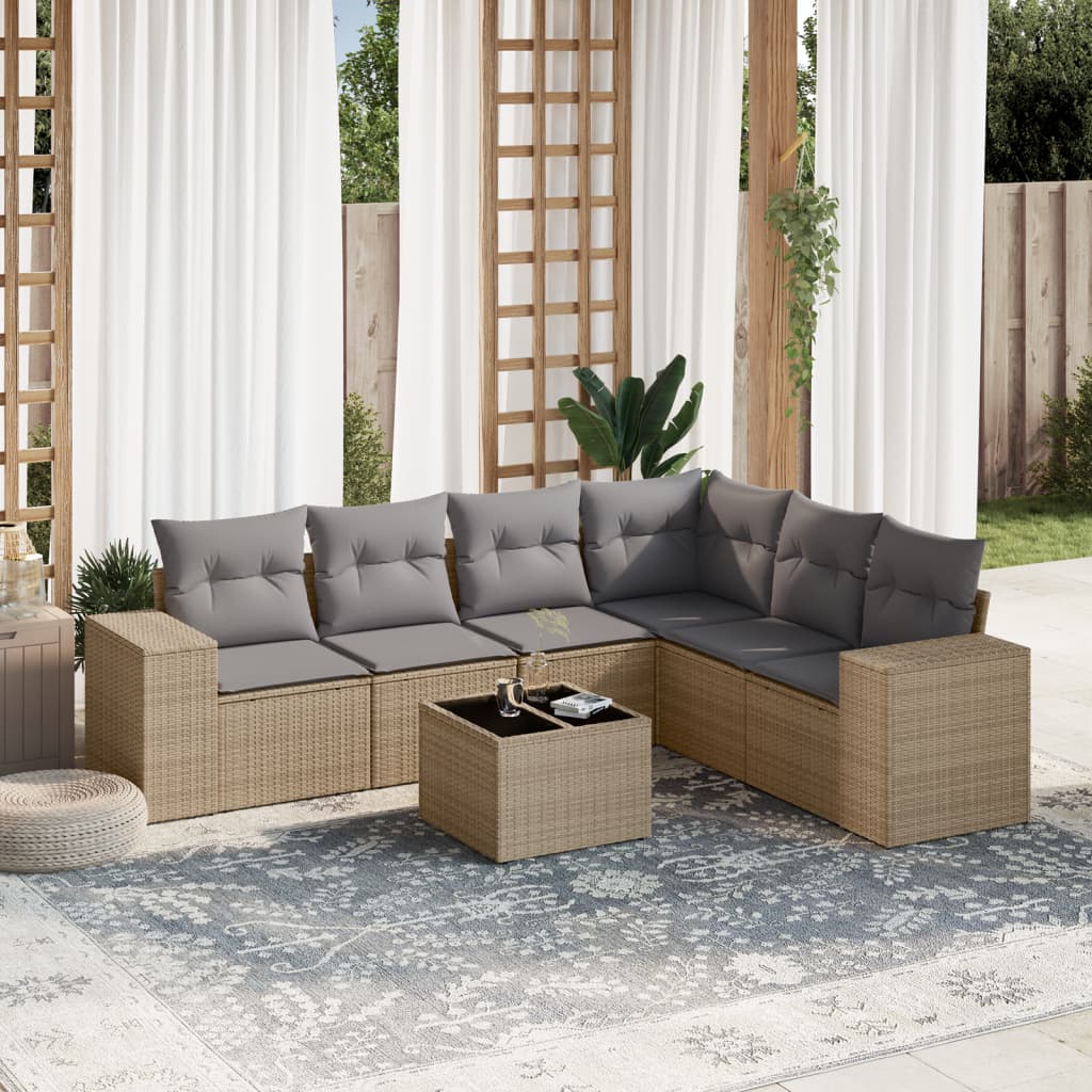 Set Divani da Giardino 7 pz con Cuscini Beige in Polyrattan - homemem39