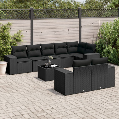Set Divani da Giardino 9 pz con Cuscini Nero in Polyrattan - homemem39