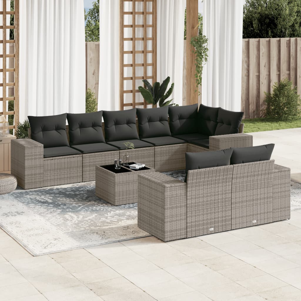 Set Divano da Giardino 9 pz con Cuscini Grigio in Polyrattan - homemem39