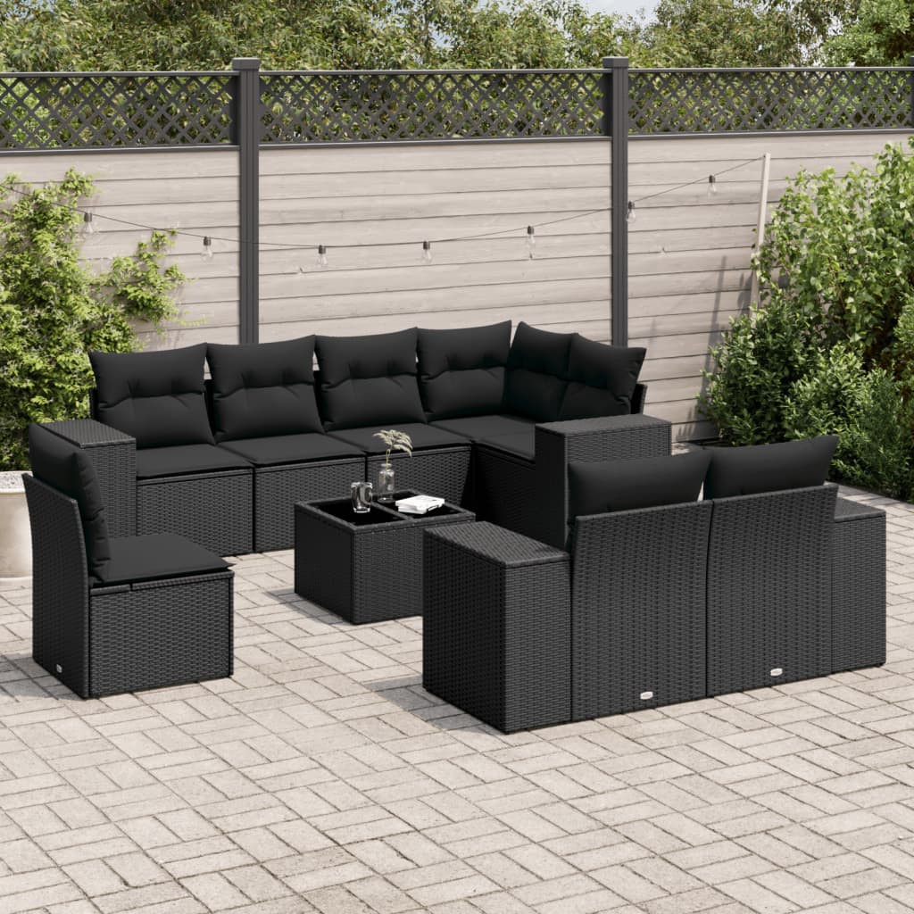 Set Divani da Giardino 9 pz con Cuscini Nero in Polyrattan - homemem39