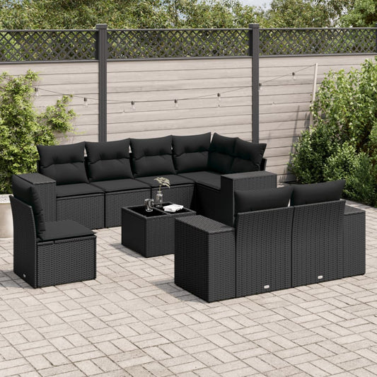 Set Divani da Giardino 9 pz con Cuscini Nero in Polyrattan - homemem39