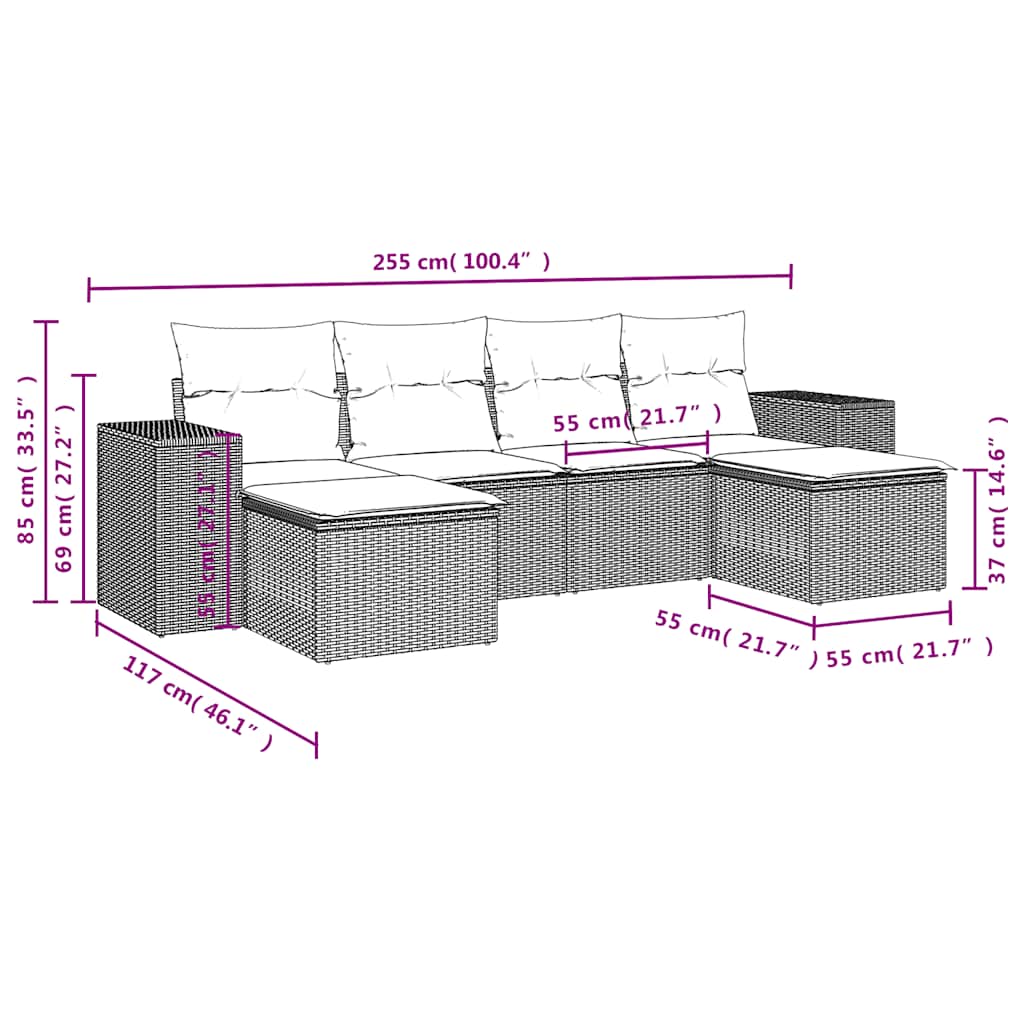 Set Divano da Giardino 6 pz con Cuscini Nero in Polyrattan | homemem39