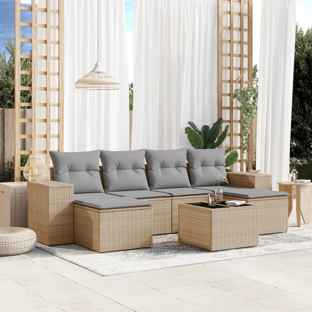 Set Divani da Giardino 7 pz con Cuscini Beige in Polyrattan - homemem39