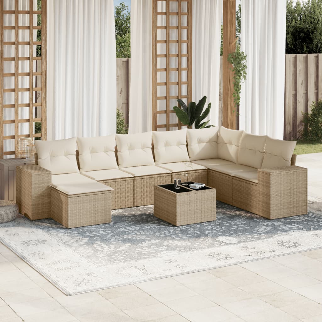 Set Divano da Giardino 9 pz con Cuscini Beige in Polyrattan - homemem39