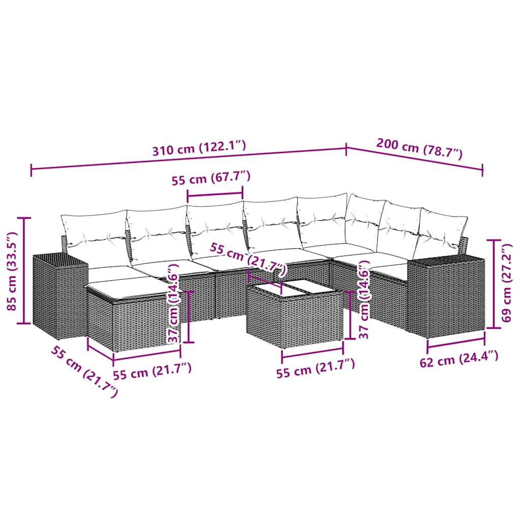Set Divano da Giardino 9pz con Cuscini Grigio Chiaro Polyrattan - homemem39