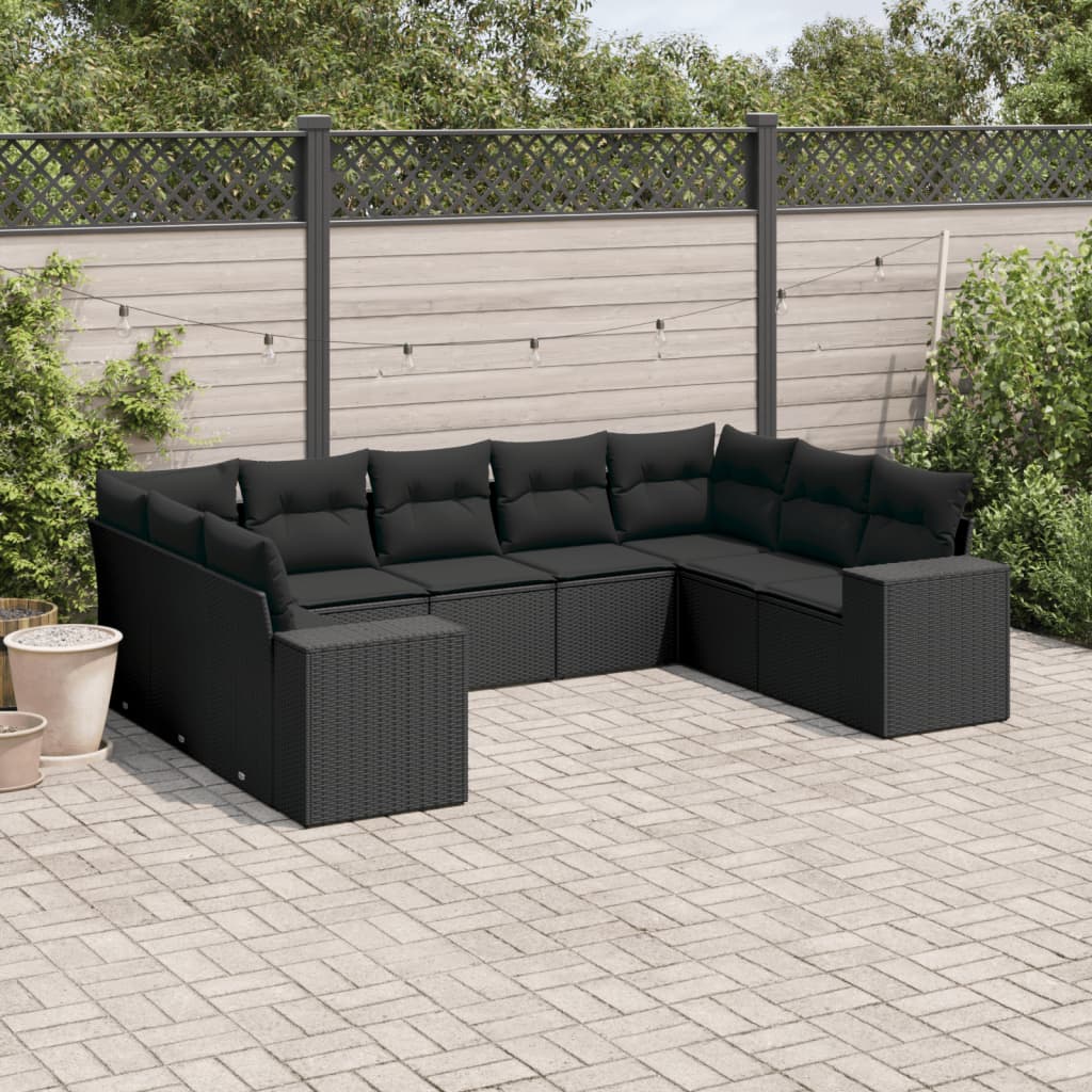 Set Divani da Giardino 9 pz con Cuscini Nero in Polyrattan - homemem39