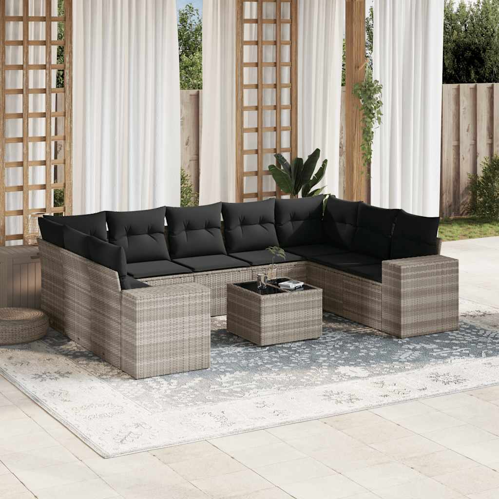 Set Divano Giardino 10 pz con Cuscini Grigio Chiaro Polyrattan - homemem39