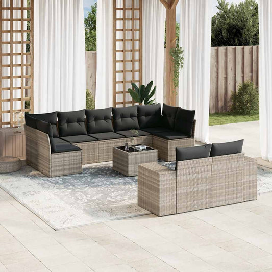 Set Divano Giardino 10 pz con Cuscini Grigio Chiaro Polyrattan - homemem39