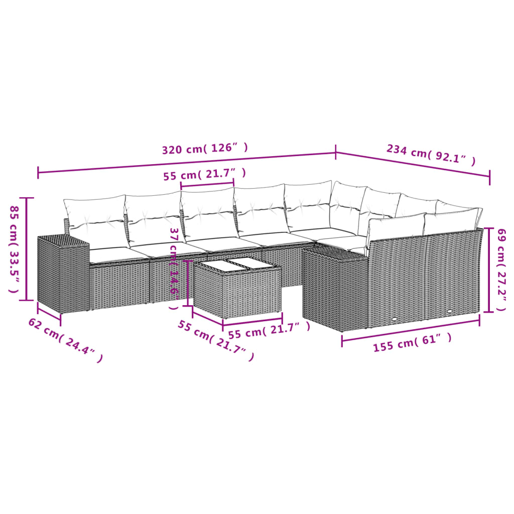 Set Divani da Giardino 10pz con Cuscini in Polyrattan Nero | homemem39