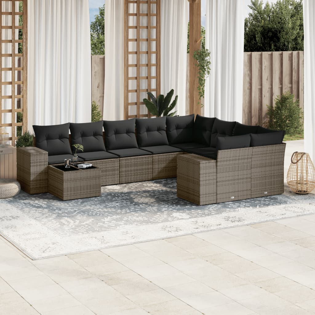 Set Divano da Giardino 10 pz con Cuscini Grigio in Polyrattan - homemem39