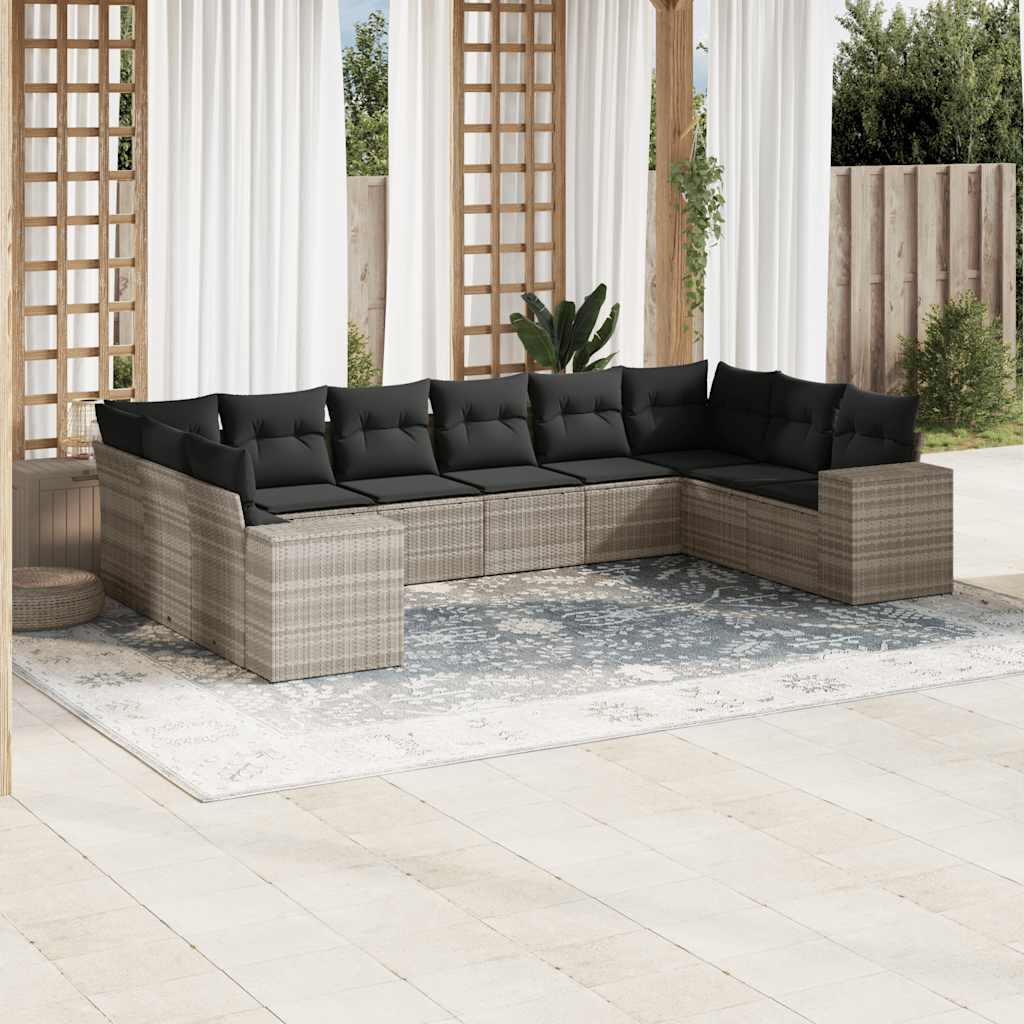 Set Divano Giardino 10 pz con Cuscini Grigio Chiaro Polyrattan - homemem39
