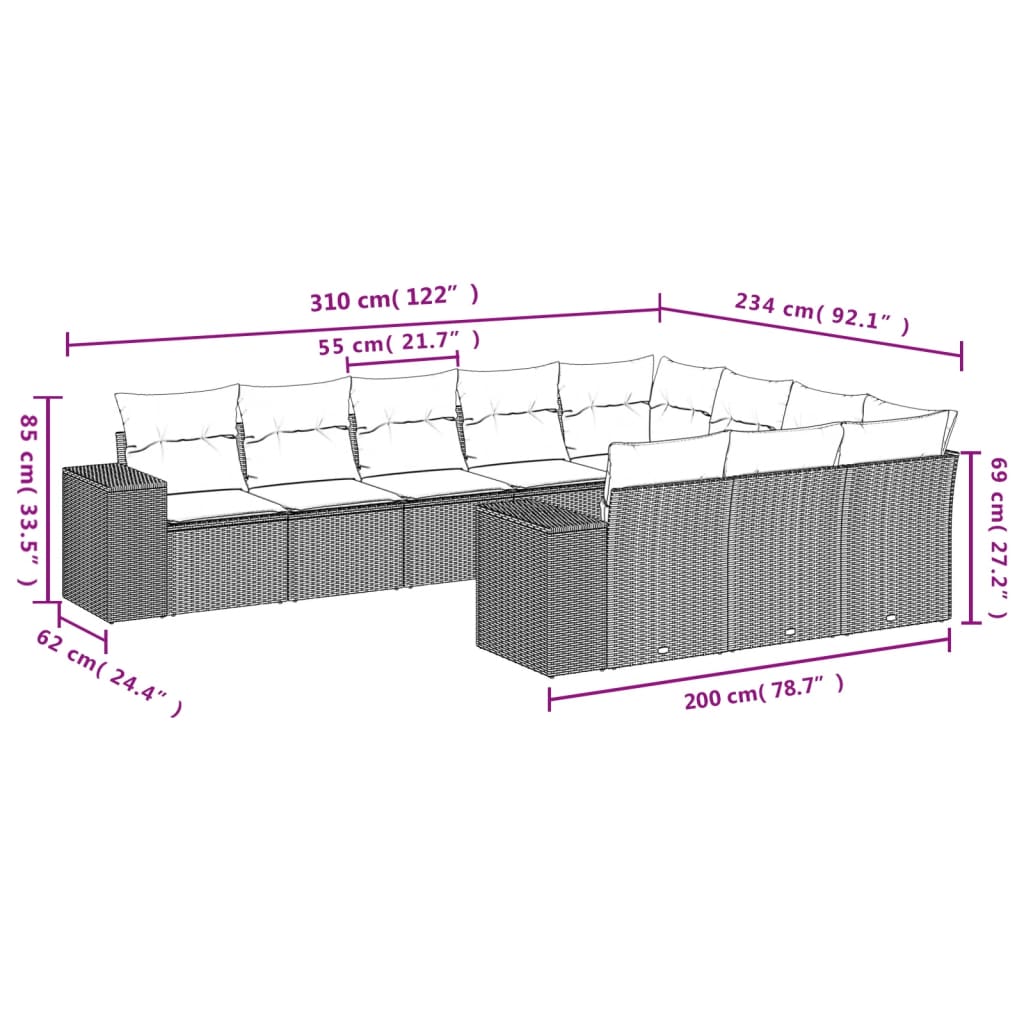 Set Divano da Giardino 10 pz con Cuscini Grigio in Polyrattan | homemem39