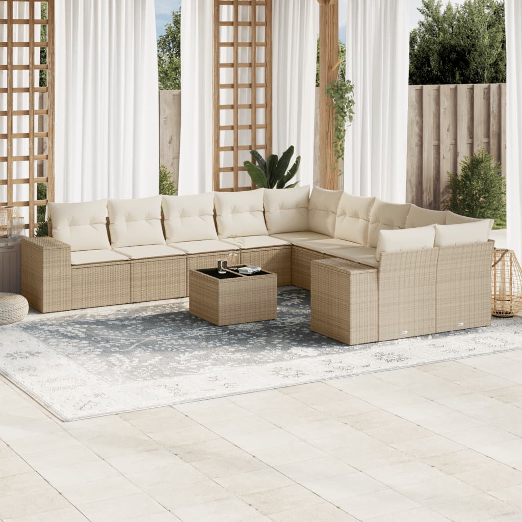 Set Divani da Giardino 11 pz con Cuscini Beige in Polyrattan - homemem39