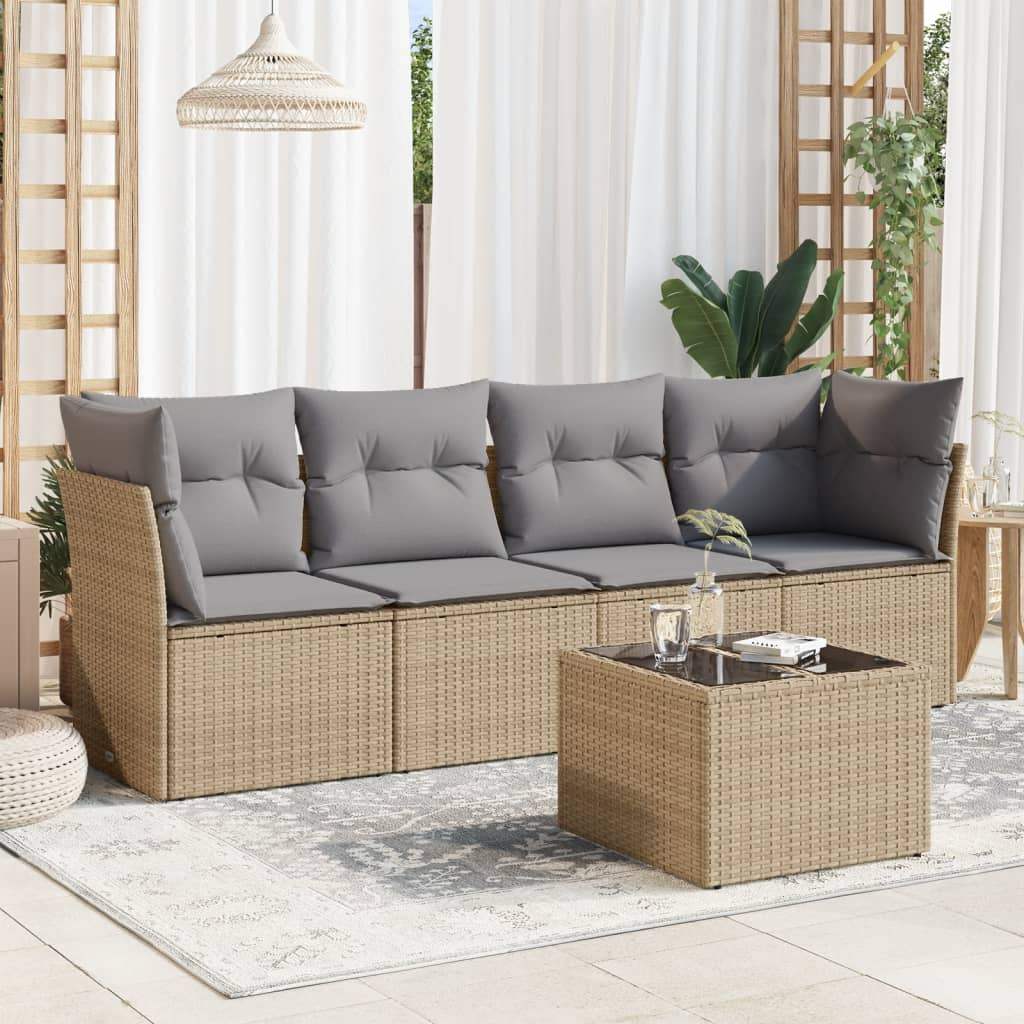 Set Divano da Giardino 5 pz con Cuscini Beige in Polyrattan - homemem39