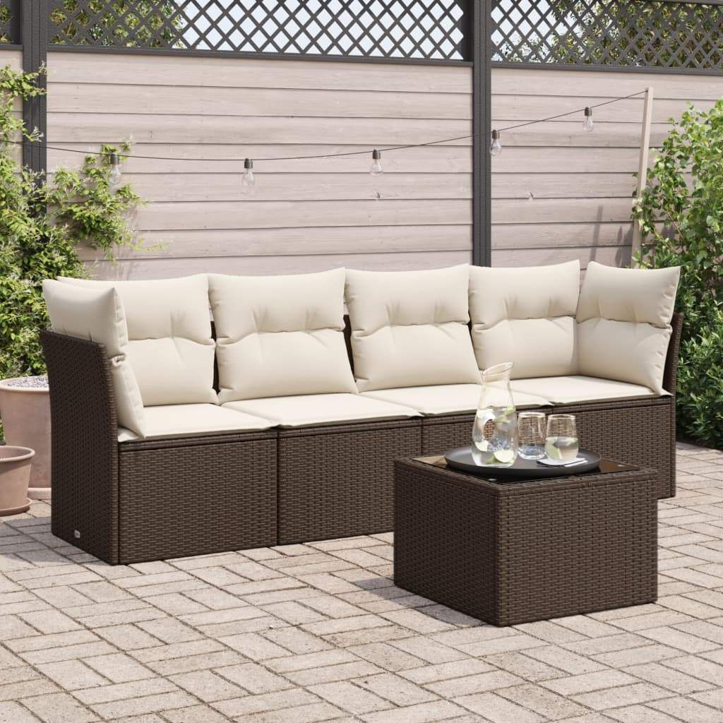 Set Divano da Giardino 5 pz con Cuscini Marrone in Polyrattan - homemem39