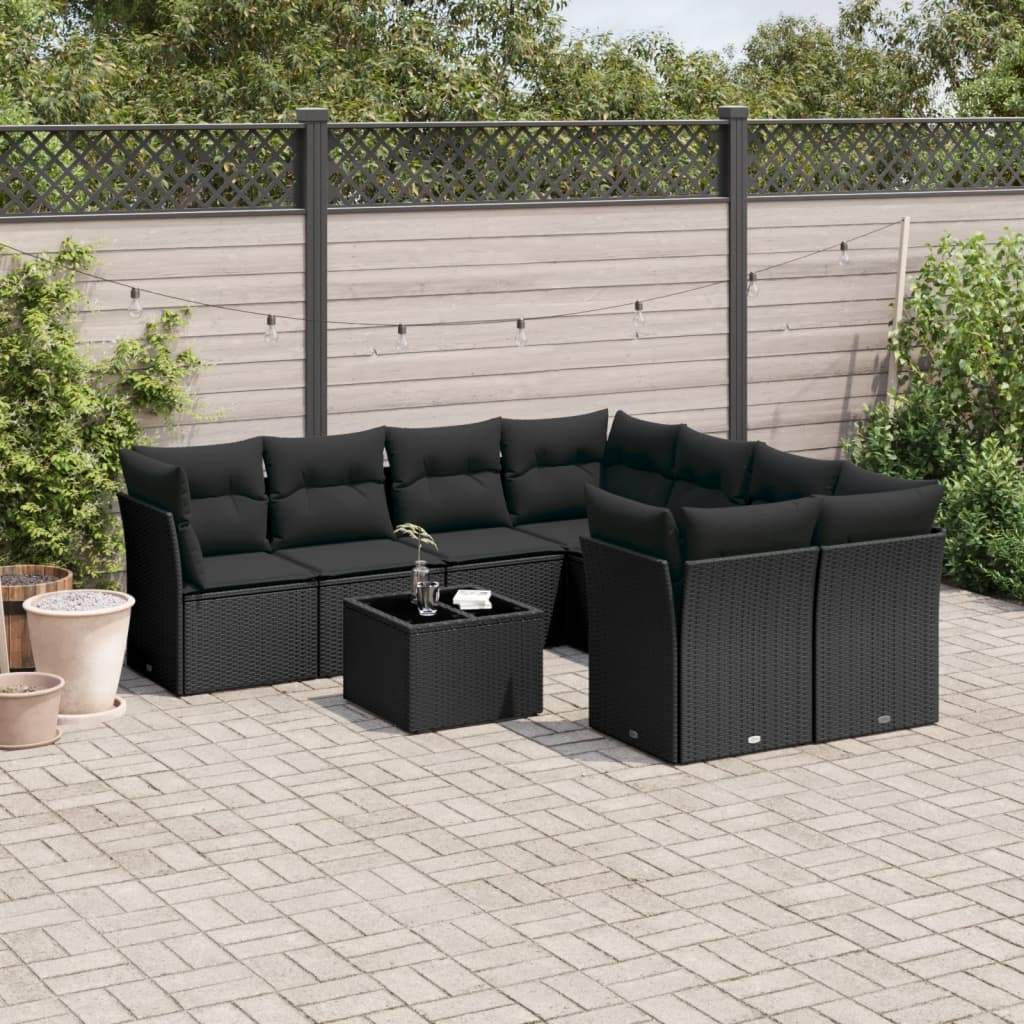 Set Divani da Giardino 9 pz con Cuscini Nero in Polyrattan - homemem39