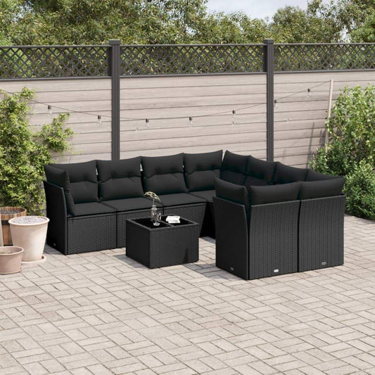 Set Divani da Giardino 9 pz con Cuscini Nero in Polyrattan - homemem39