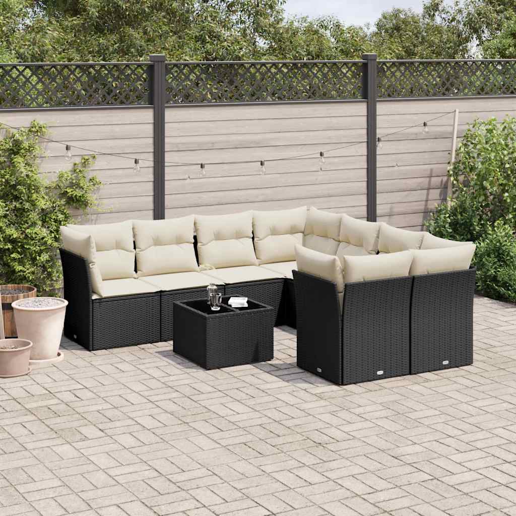 Set Divani da Giardino 9 pz con Cuscini Nero in Polyrattan