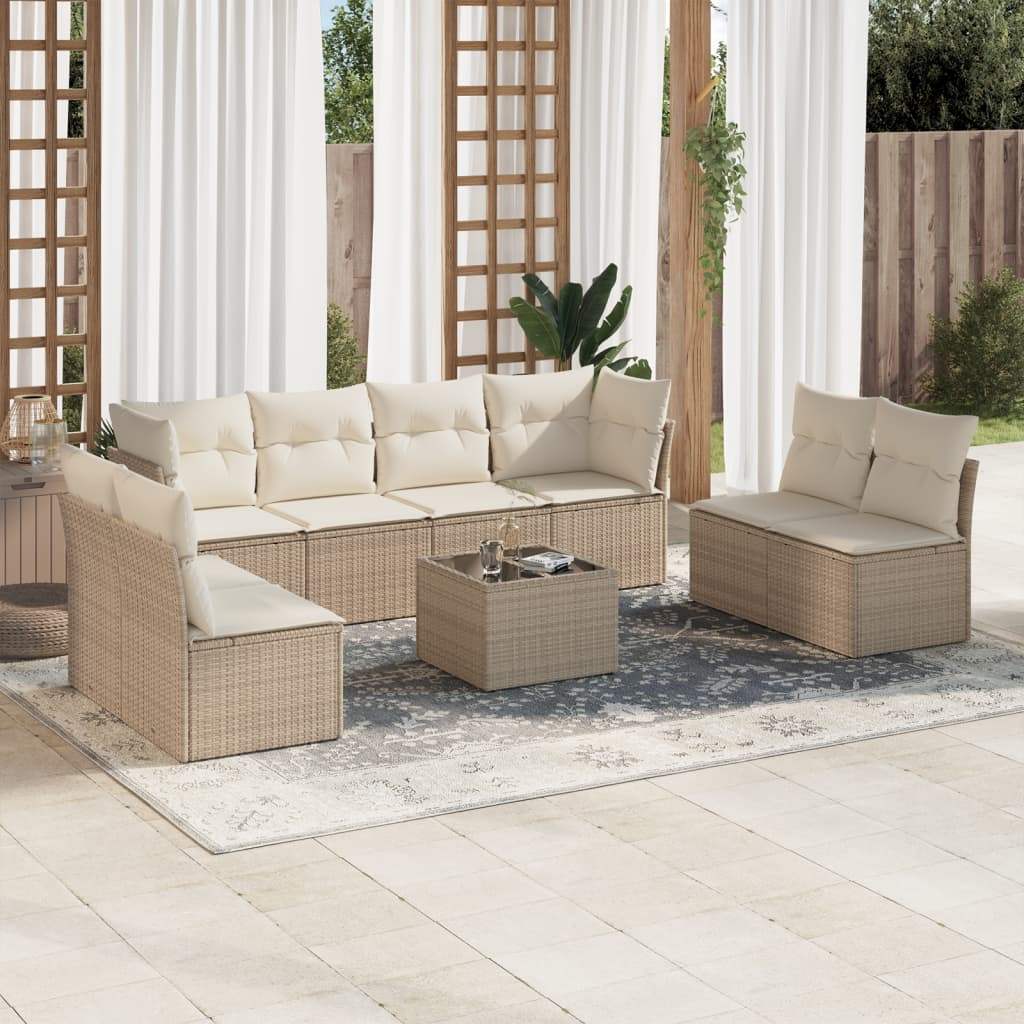 Set Divano da Giardino 9 pz con Cuscini Beige in Polyrattan - homemem39