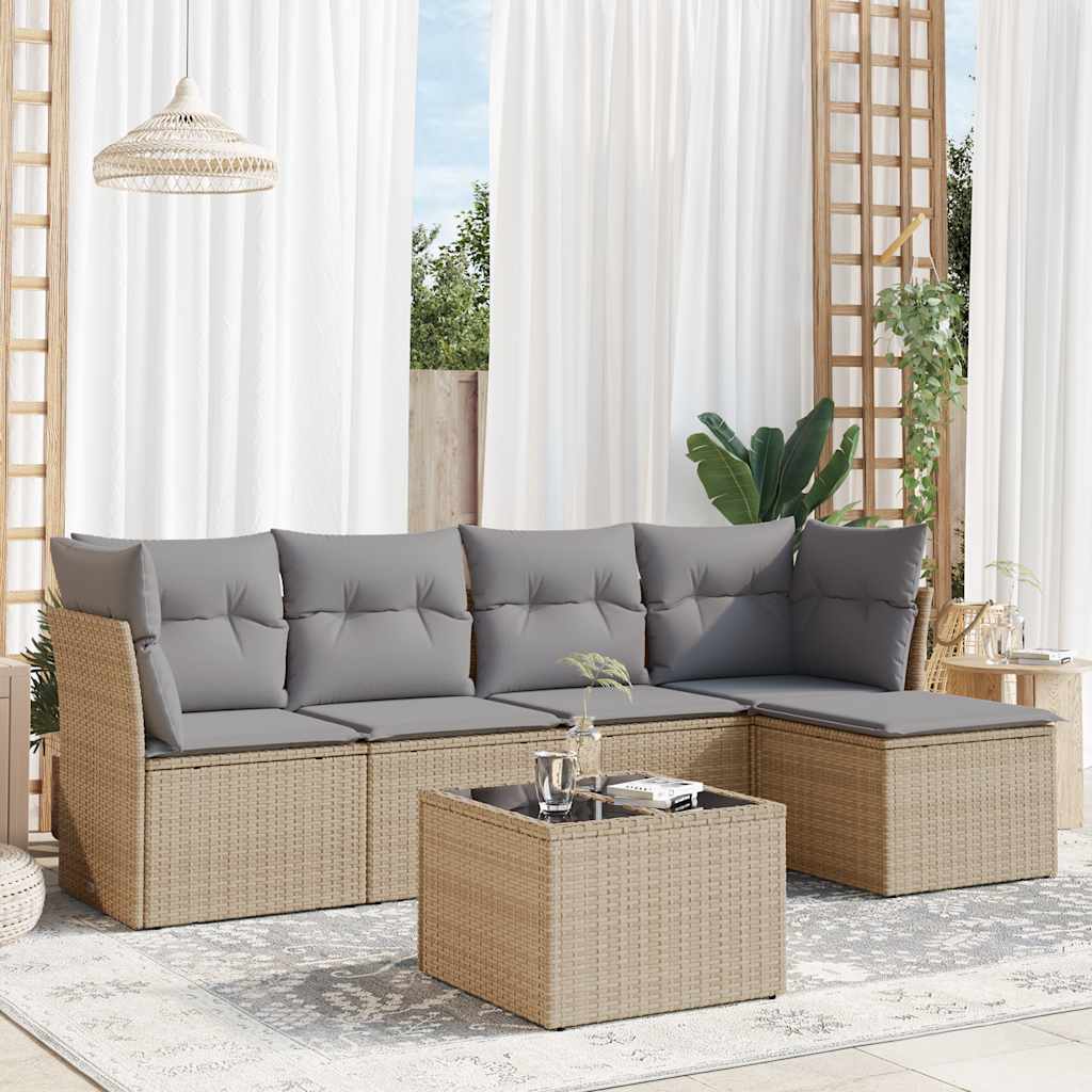 Set Divano da Giardino 6 pz con Cuscini Beige in Polyrattan