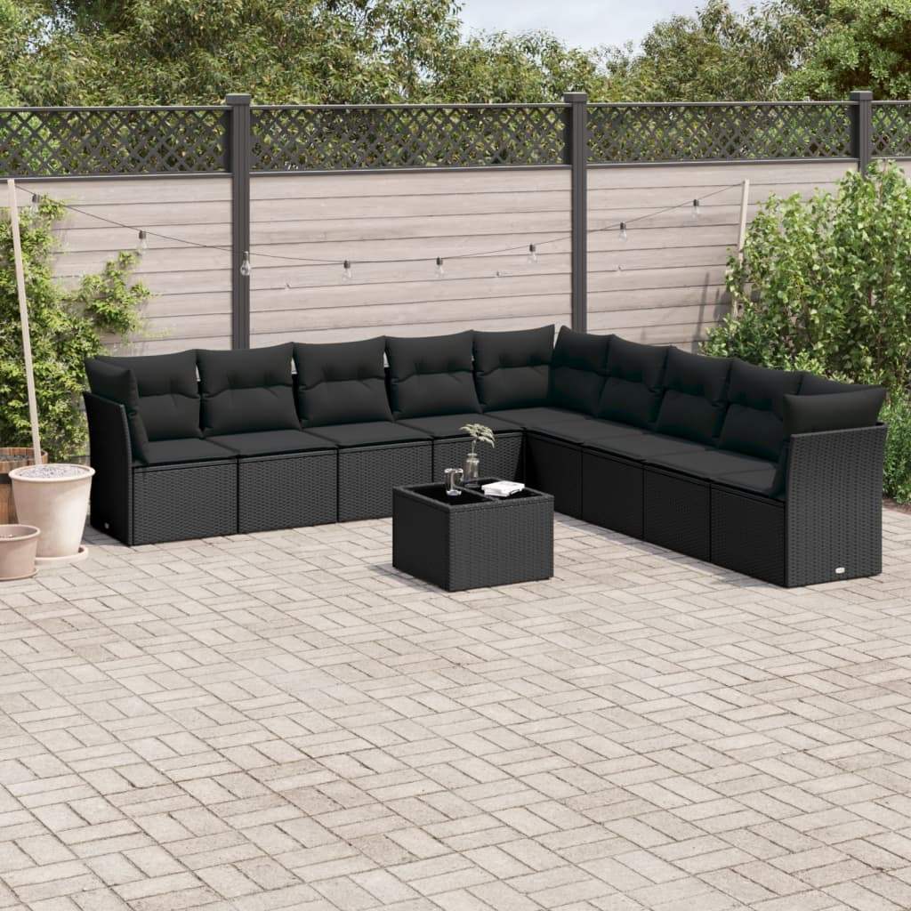 Set Divani da Giardino 10pz con Cuscini in Polyrattan Nero - homemem39