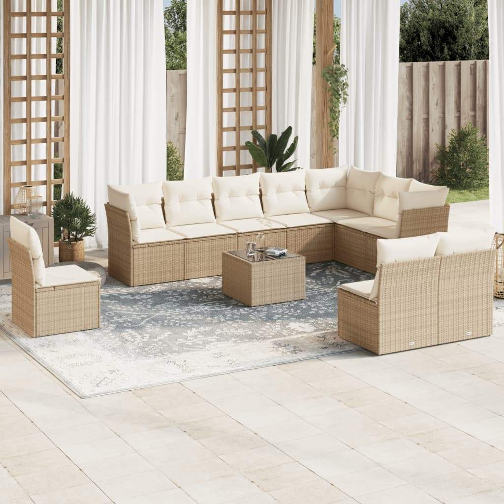 Set Divani da Giardino 11 pz con Cuscini Beige in Polyrattan - homemem39