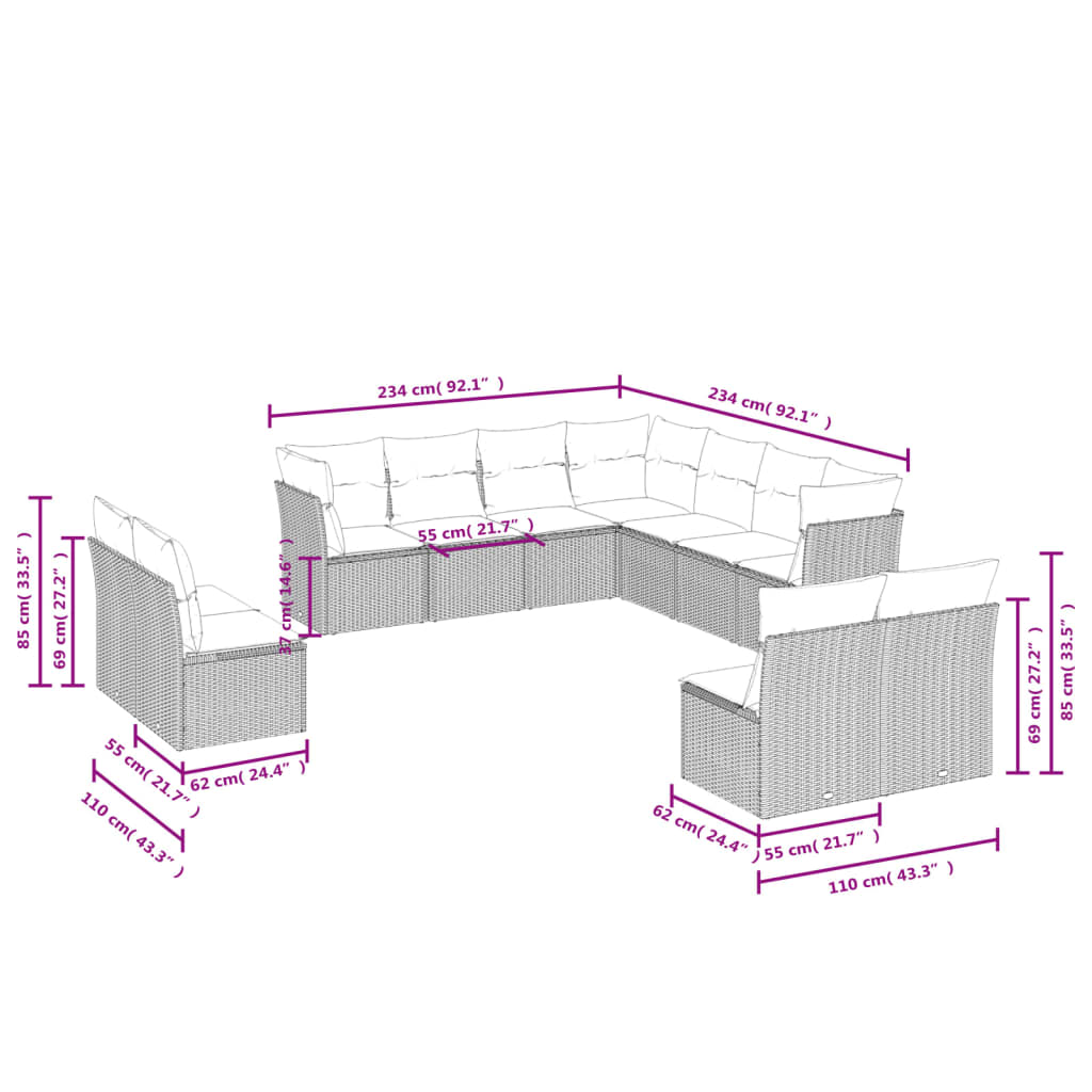 Set Divani da Giardino 11 pz con Cuscini Nero in Polyrattan | homemem39