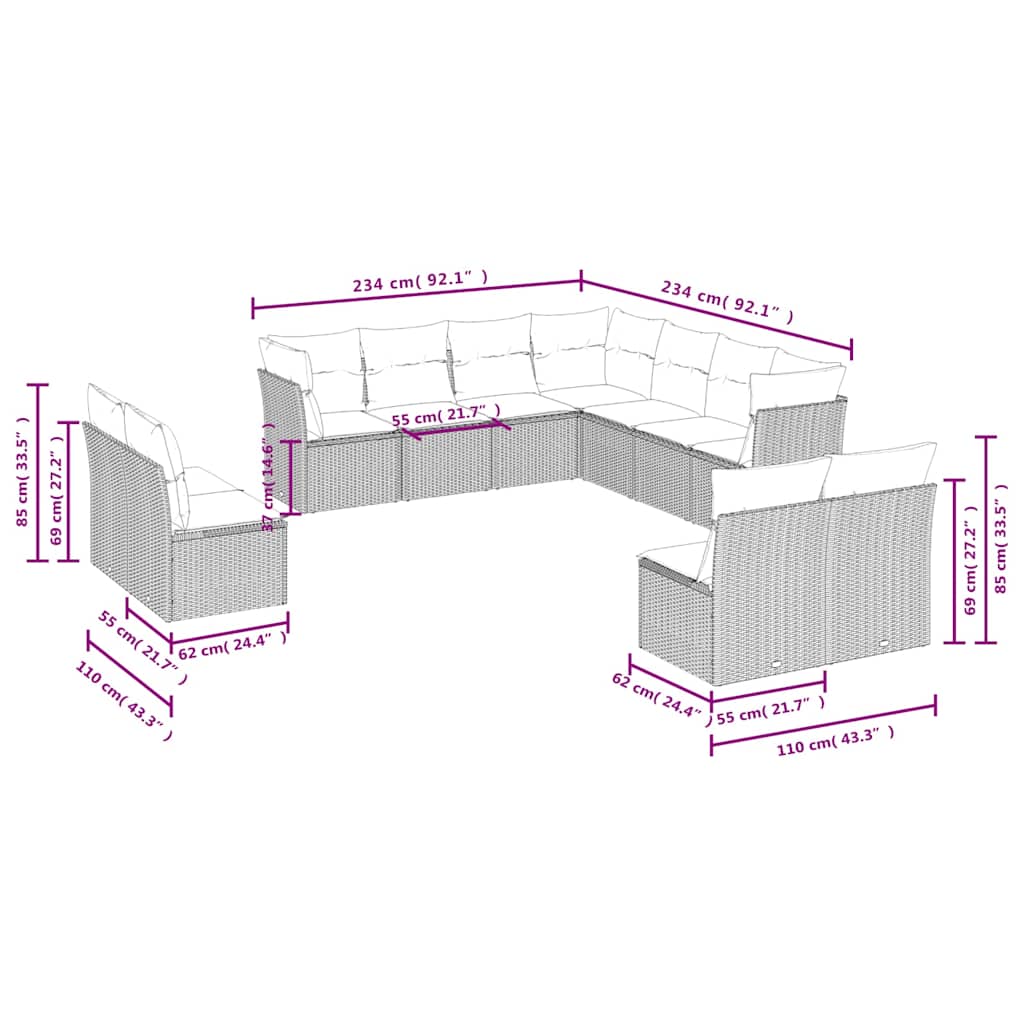 Set Divani da Giardino 11 pz con Cuscini Beige in Polyrattan | homemem39