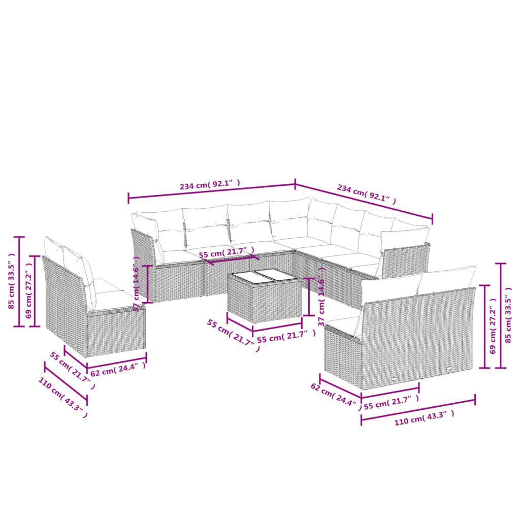 Set Divani da Giardino 12 pz con Cuscini Nero in Polyrattan | homemem39