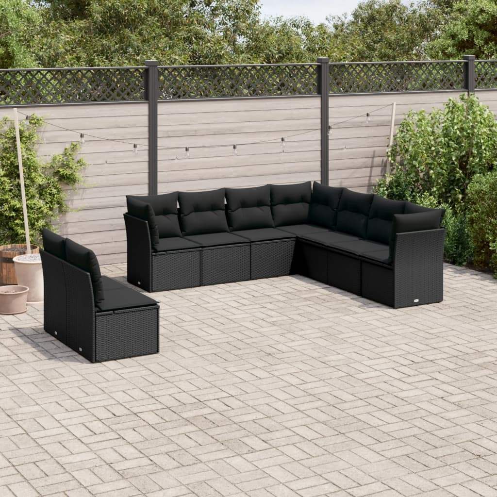 Set Divani da Giardino 9 pz con Cuscini Nero in Polyrattan - homemem39