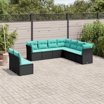 Set Divani da Giardino 9 pz con Cuscini Nero in Polyrattan | homemem39
