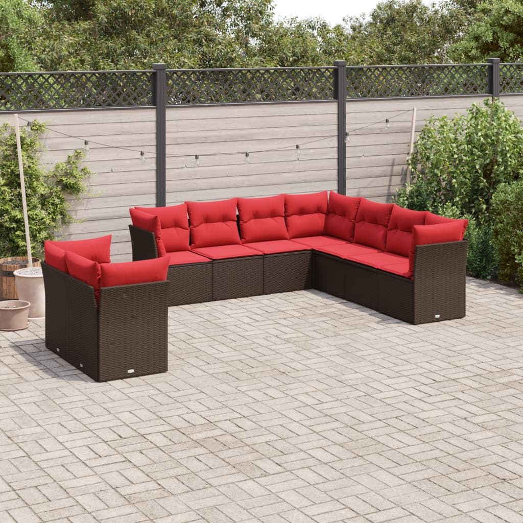 Set Divani da Giardino 9 pz con Cuscini Marrone in Polyrattan | homemem39