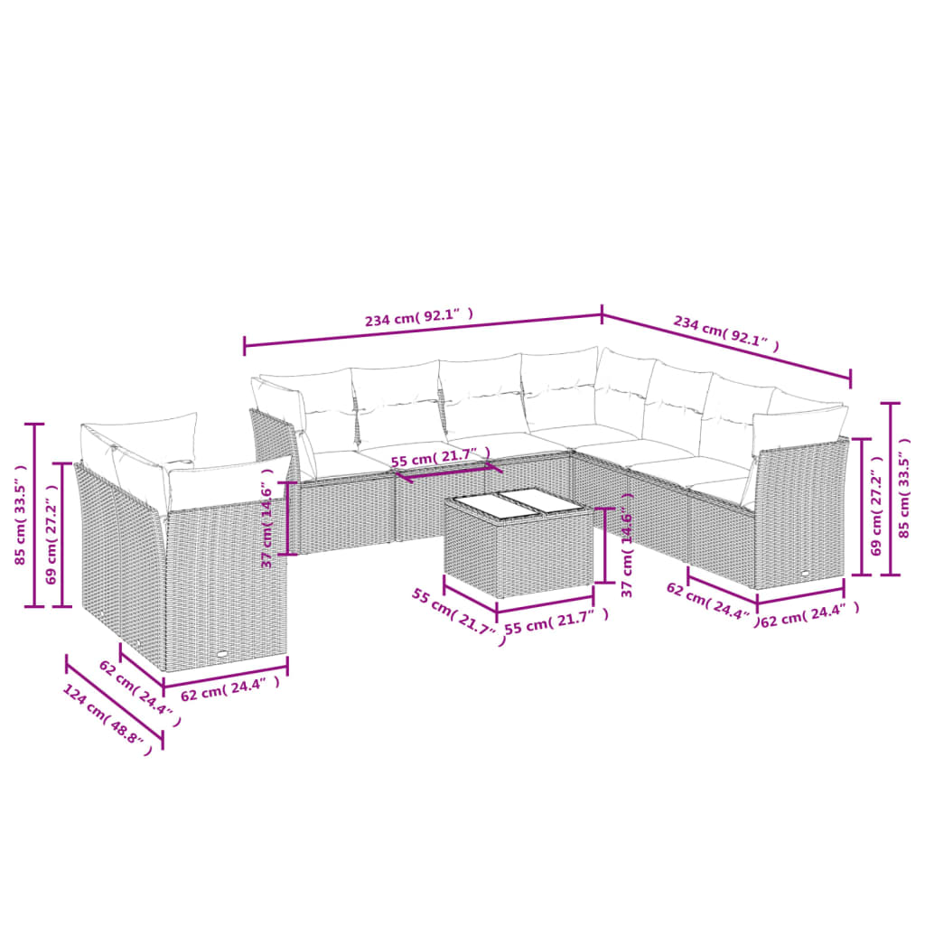 Set Divani da Giardino 10 pz con Cuscini Nero in Polyrattan | homemem39