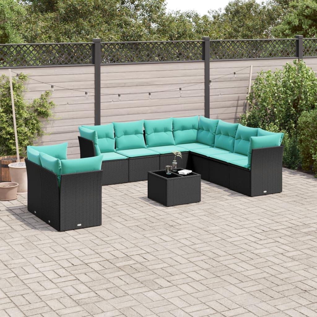 Set Divani da Giardino 10 pz con Cuscini Nero in Polyrattan | homemem39