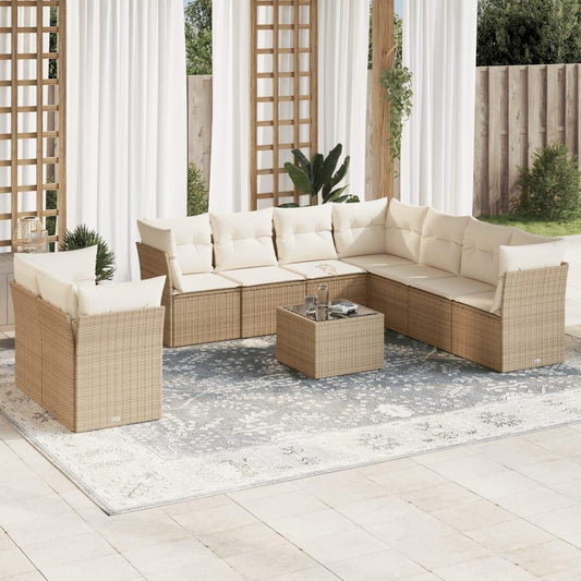 Set Divano da Giardino 10 pz con Cuscini Beige in Polyrattan - homemem39