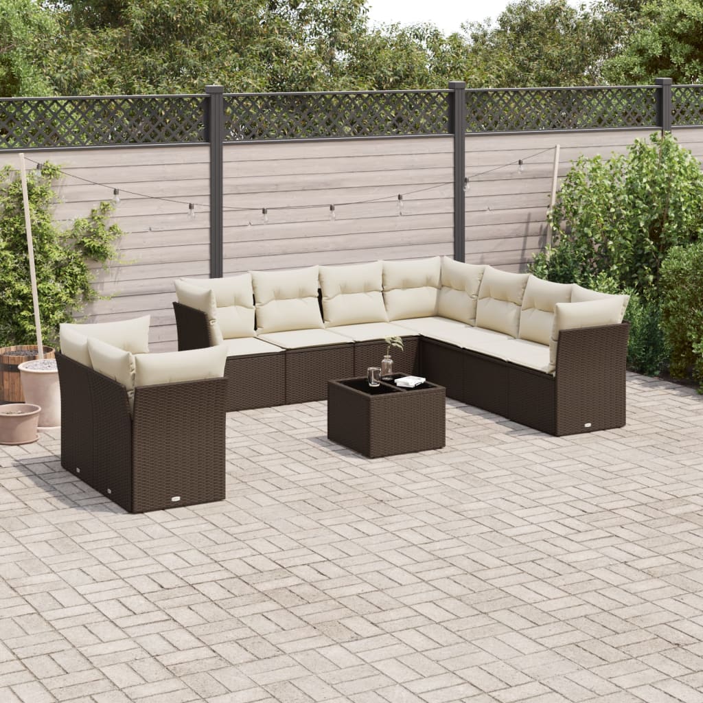 Set Divani da Giardino 10pz con Cuscini in Polyrattan Marrone | homemem39