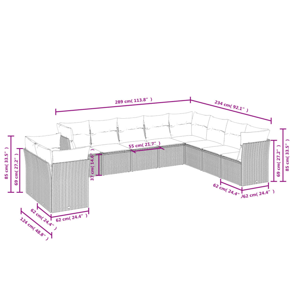 Set Divani da Giardino 10 pz con Cuscini Nero in Polyrattan | homemem39