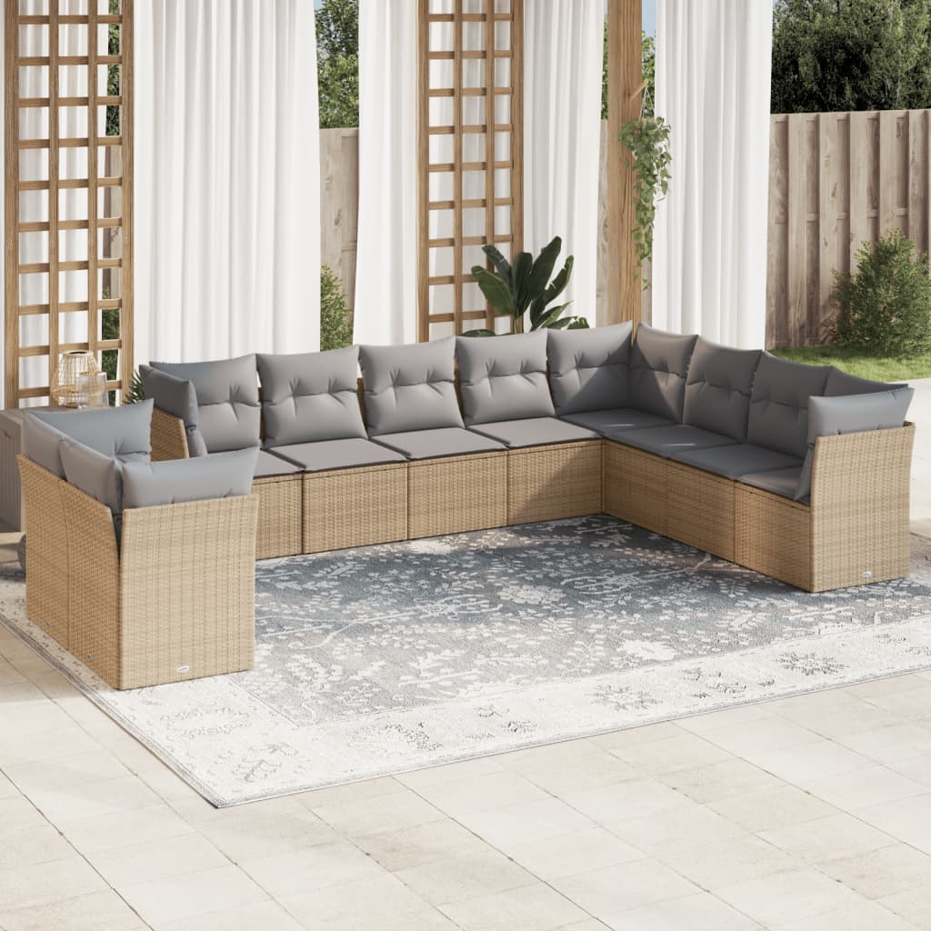 Set Divano da Giardino 10 pz con Cuscini Beige in Polyrattan | homemem39