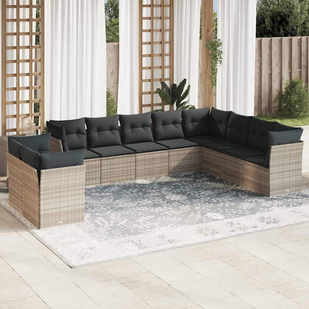 Set Divano Giardino 10 pz con Cuscini Grigio Chiaro Polyrattan - homemem39