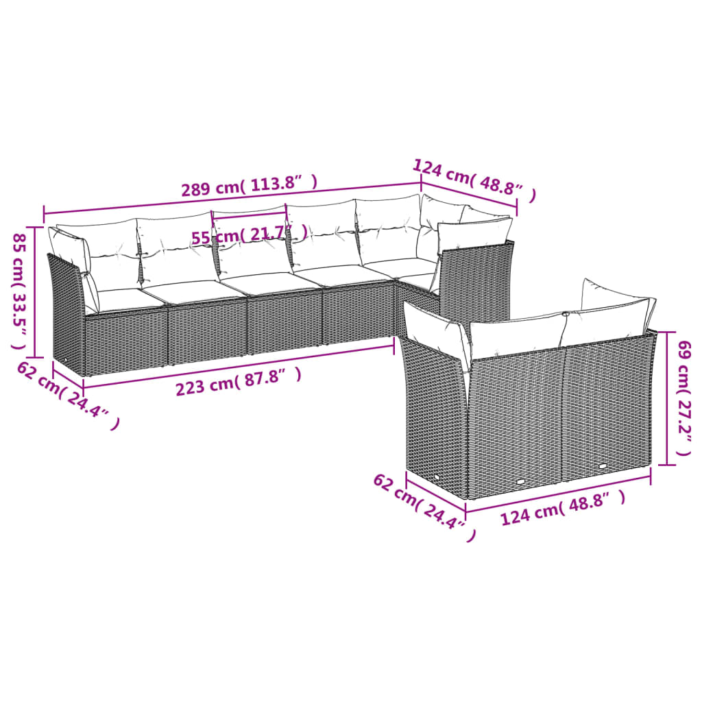 Set Divani da Giardino 8 pz con Cuscini Marrone in Polyrattan | homemem39