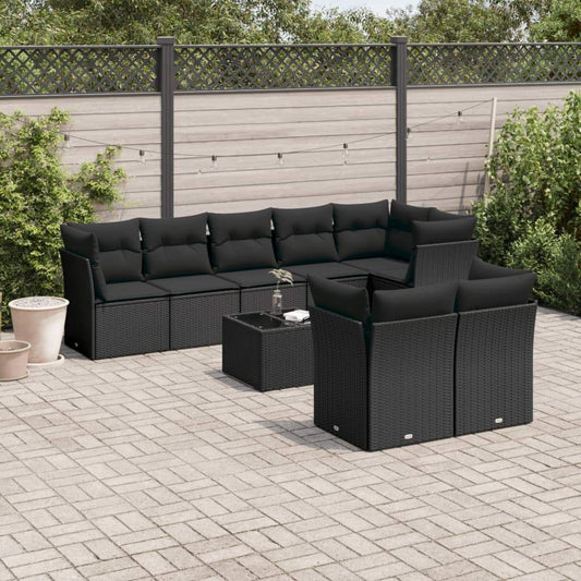 Set Divani da Giardino 9 pz con Cuscini Nero in Polyrattan - homemem39