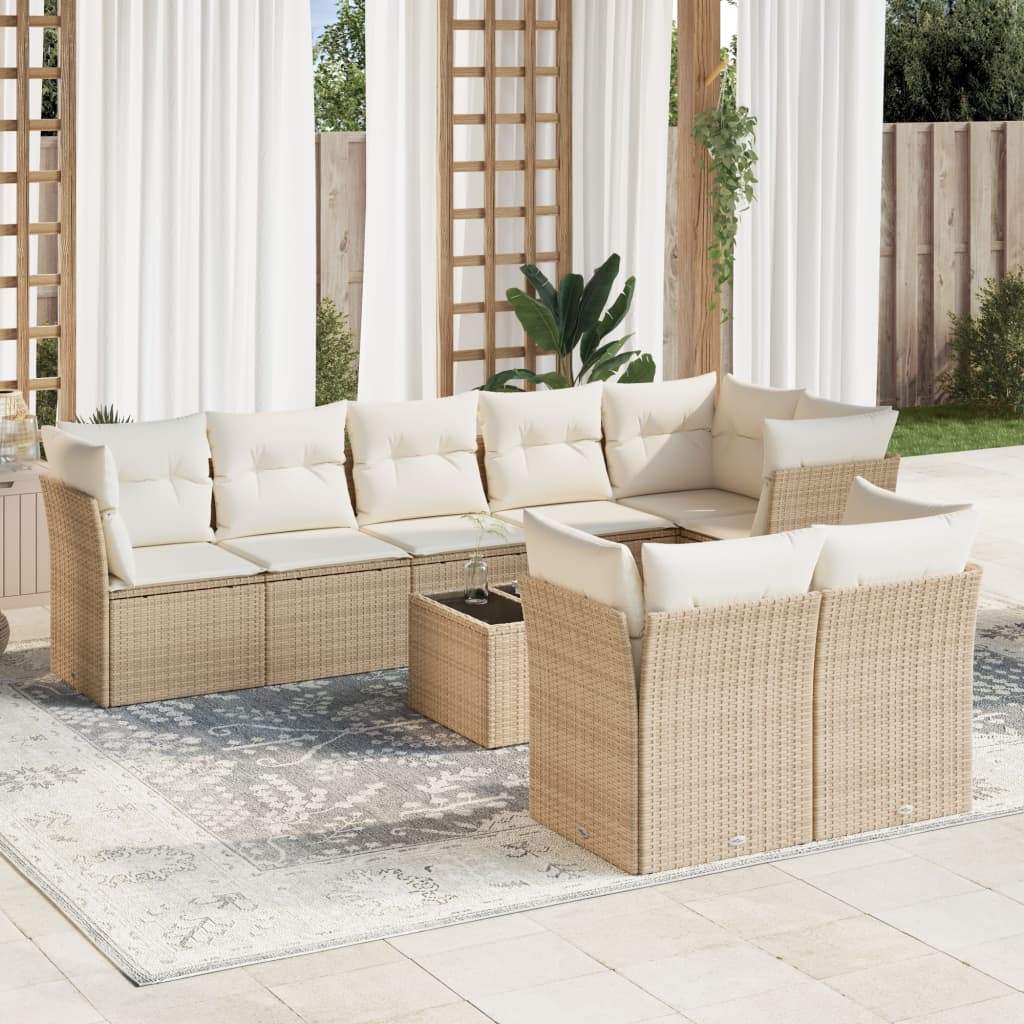 Set Divano da Giardino 9 pz con Cuscini Beige in Polyrattan - homemem39