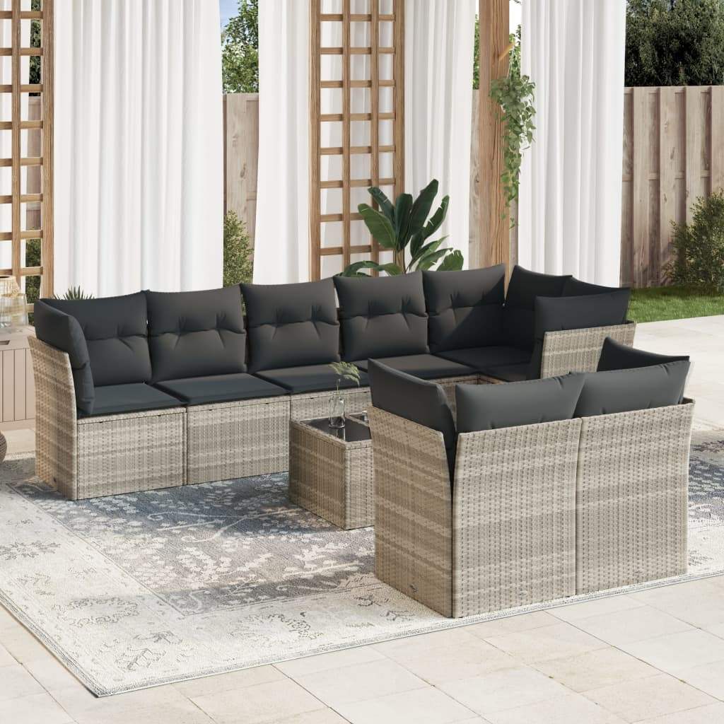 Set Divano da Giardino 9pz con Cuscini Grigio Chiaro Polyrattan - homemem39