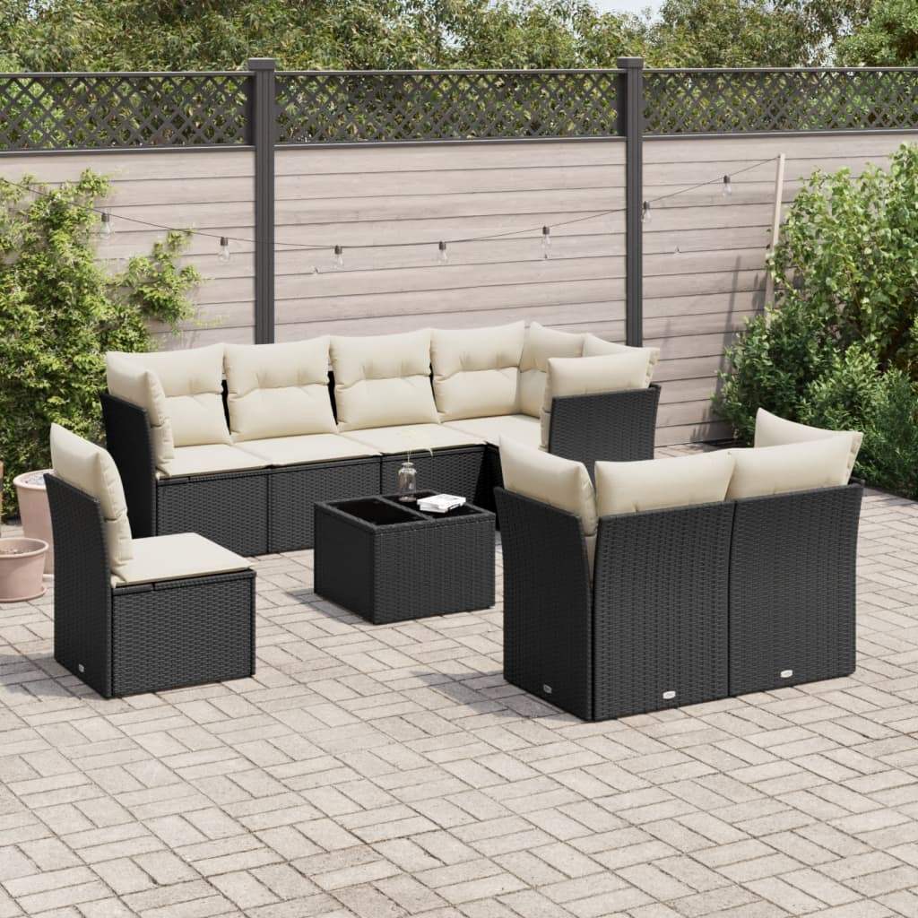 Set Divani da Giardino 9 pz con Cuscini Nero in Polyrattan - homemem39
